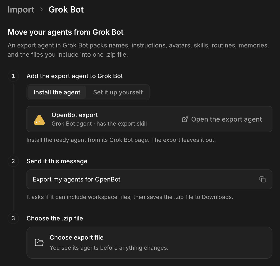 OpenBot instructions for adding the Grok Bot export agent, requesting an export and choosing the ZIP file.